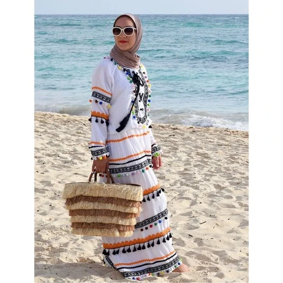 Dodo Bar Or Striped Pom Pom Maxi Dress Multi‎ Color Medium Boho Festival NEW - Picture 5 of 12